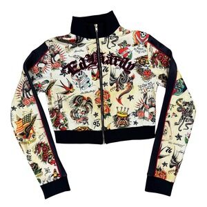 M Ed Hardy Y2K Womens Tattoo Print Cropped Track Jacket Bomber Embroidered